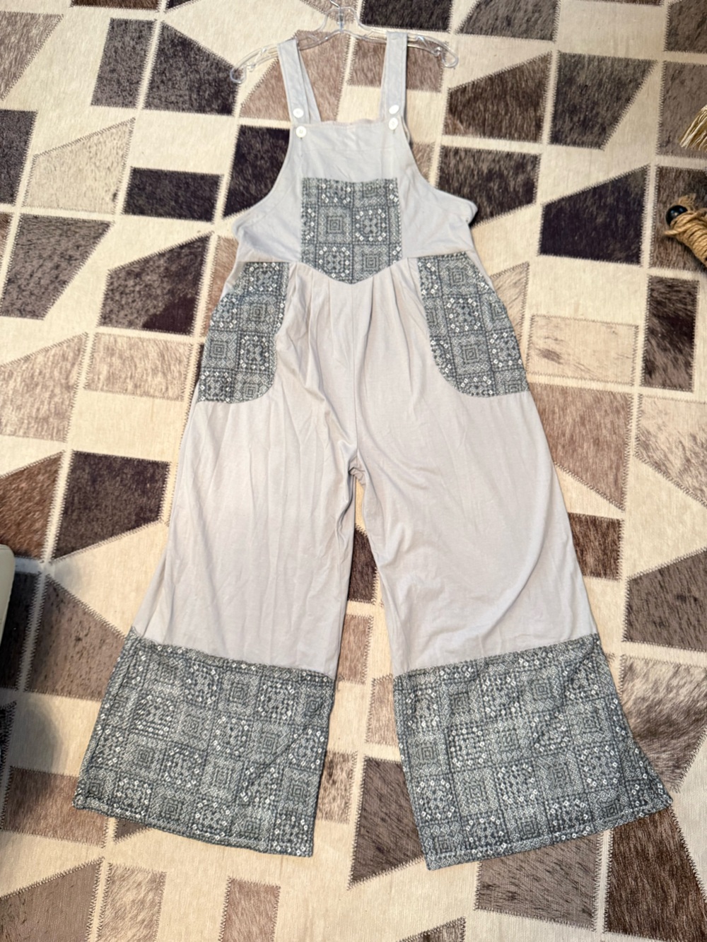 New Wide Leg Women's Overalls in Light Gray with Patterned Trim